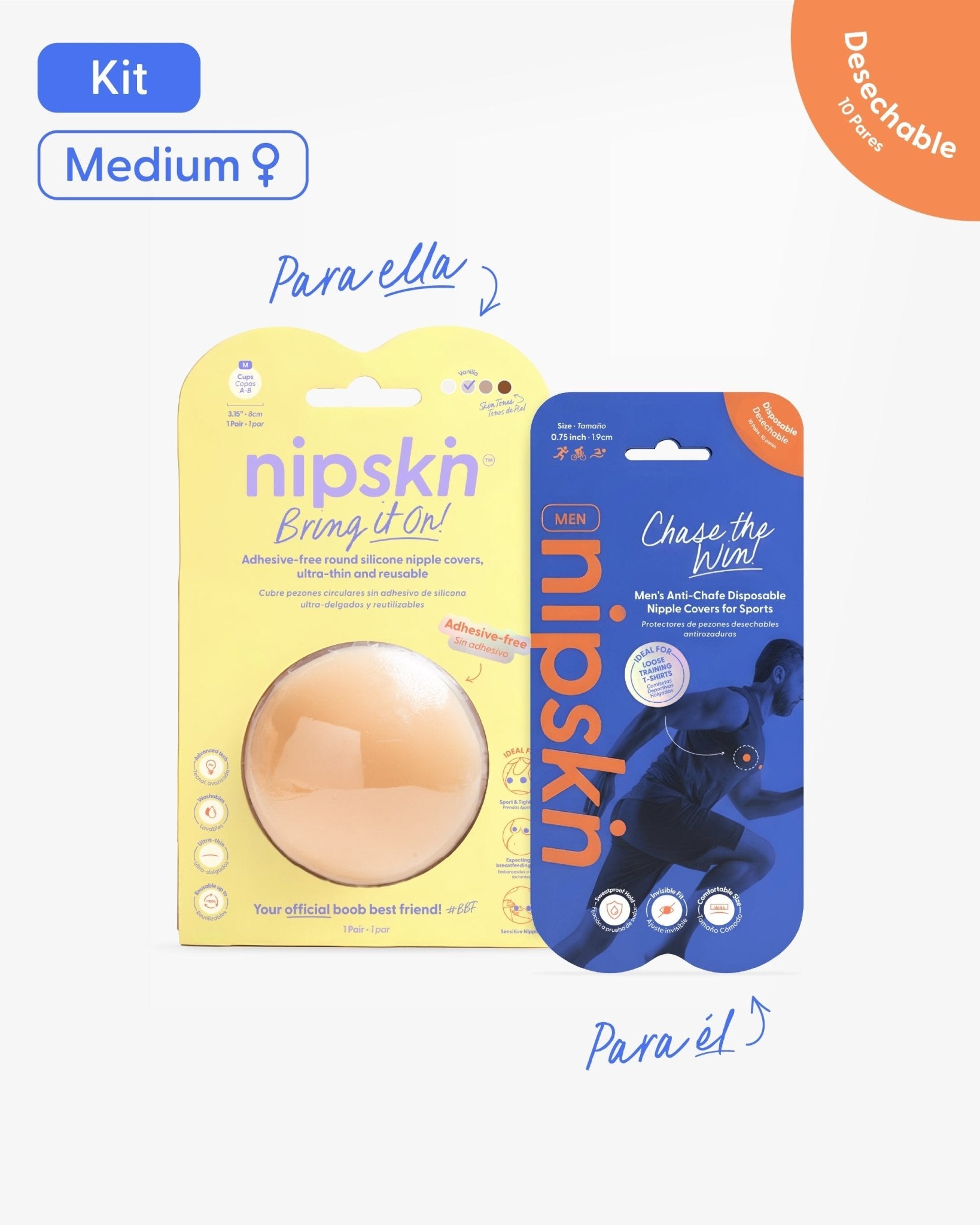 Kit Cubrepezones Pareja: Anti - Roce (Él) + Sin Adhesivo (Ella) - Nipskin® - Nipskin ES
