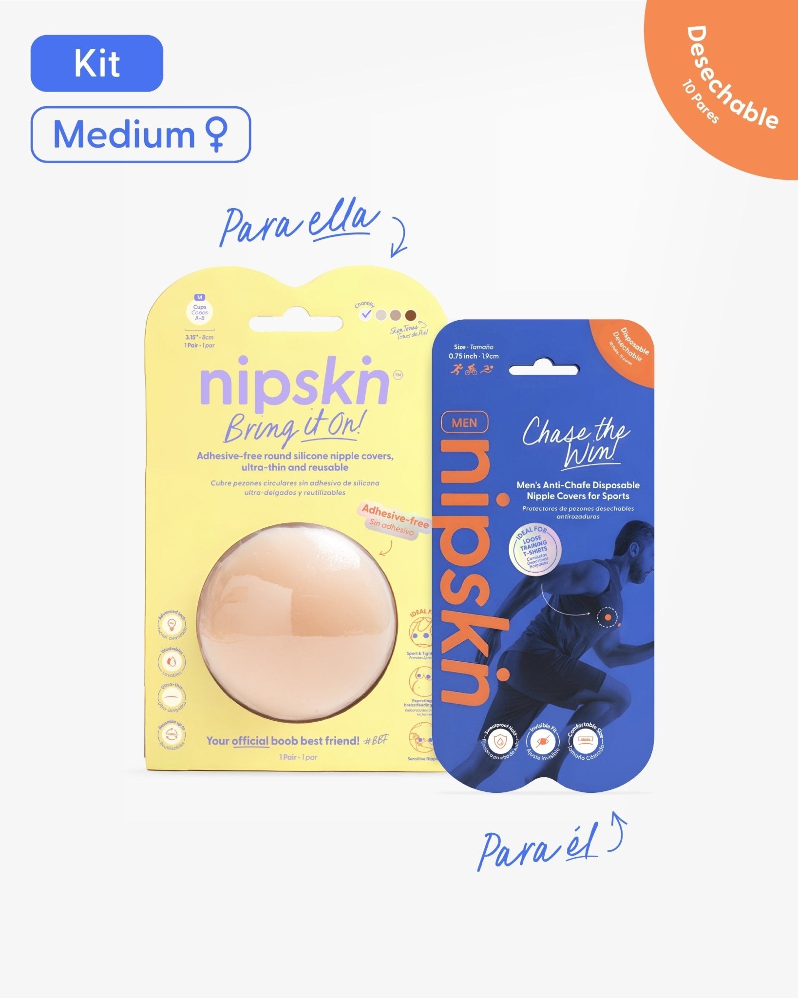 Kit Cubrepezones Pareja: Anti - Roce (Él) + Sin Adhesivo (Ella) - Nipskin® - Nipskin ES