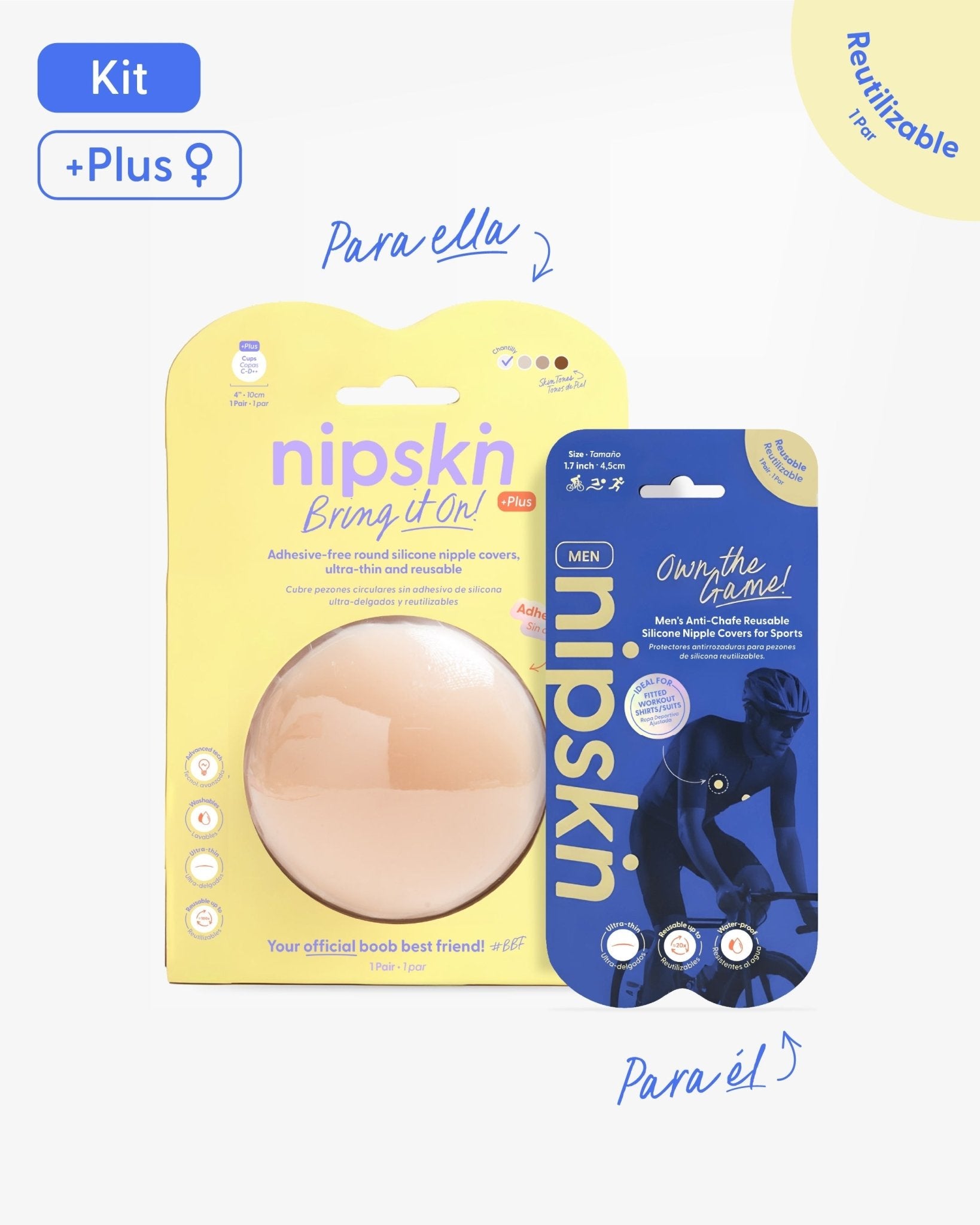 Kit Cubrepezones Pareja: Anti - Roce (Él) + Sin Adhesivo (Ella) - Nipskin® - Nipskin ES
